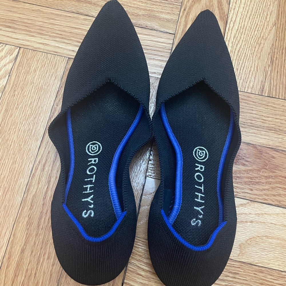 Rothy's The Point Black W/ Blue Trim Ballet Flats Pointed Toe Shoes Size 9W